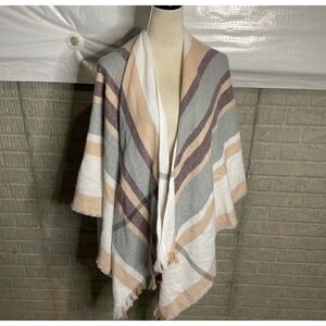 DAVID and YOUNG Plaid Blanket Scarf Wrap Shawl Neutral Colors Fringed